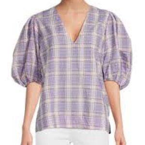 Ganni Check Seersucker Check V Neck Blouse in Persian Violet Check - Size Small
